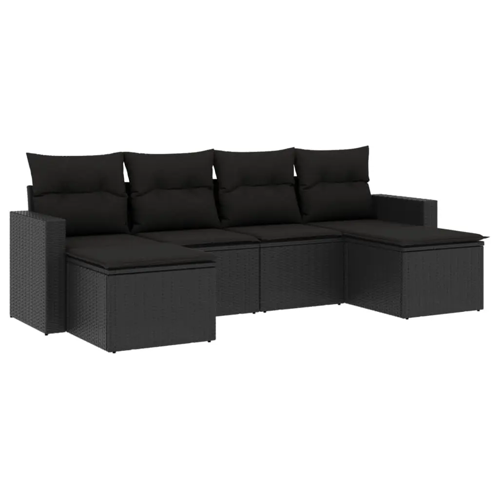 6 Piece Garden Sofa Set with Cushions Black Poly Rattan 3219305 - Furniture
