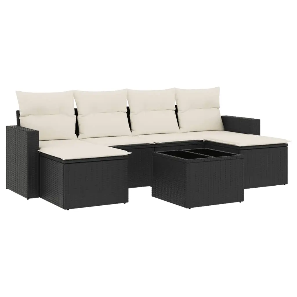 7 Piece Garden Sofa Set with Cushions Black Poly Rattan 3219316 - Furniture