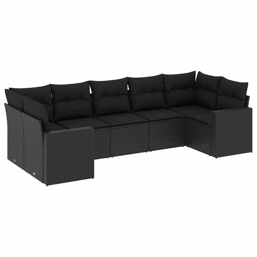 7 Piece Garden Sofa Set with Cushions Black Poly Rattan 3219375 - Furniture