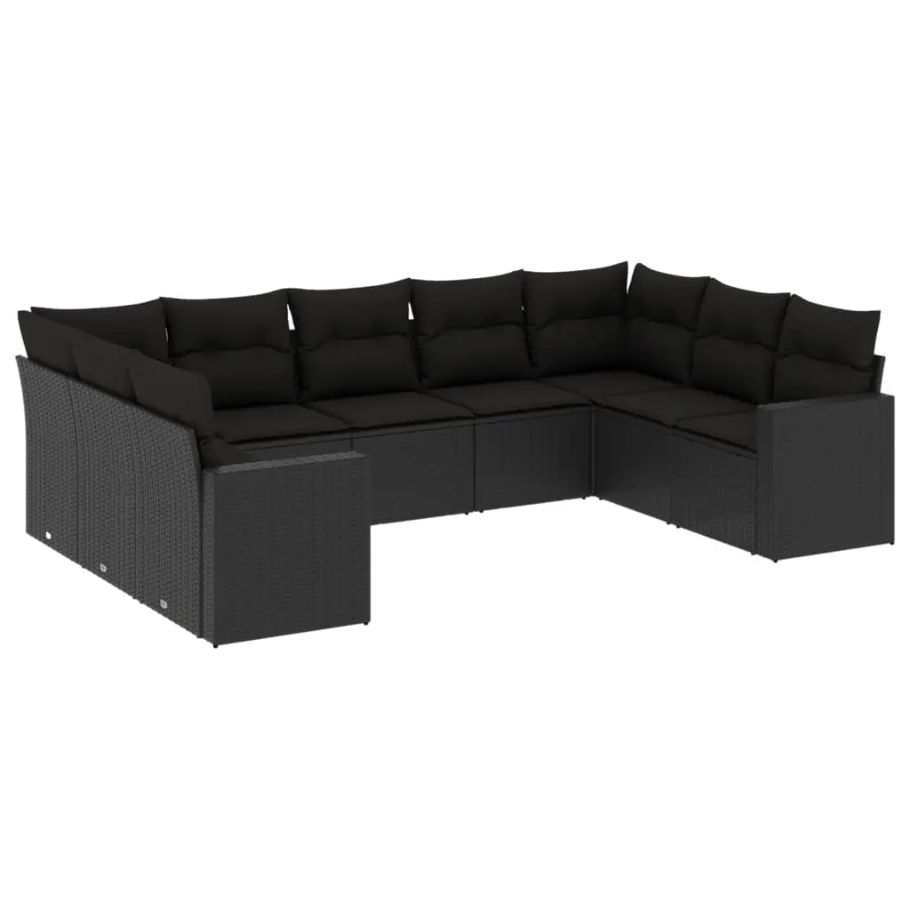 9 Piece Garden Sofa Set with Cushions Black Poly Rattan 3219385 - Furniture