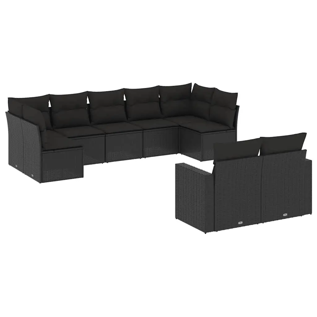 9 Piece Garden Sofa Set with Cushions Black Poly Rattan 3219405 - Furniture