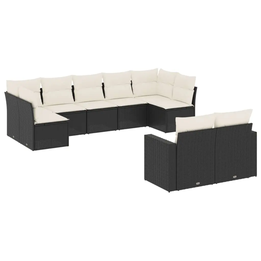 9 Piece Garden Sofa Set with Cushions Black Poly Rattan 3219406 - Furniture