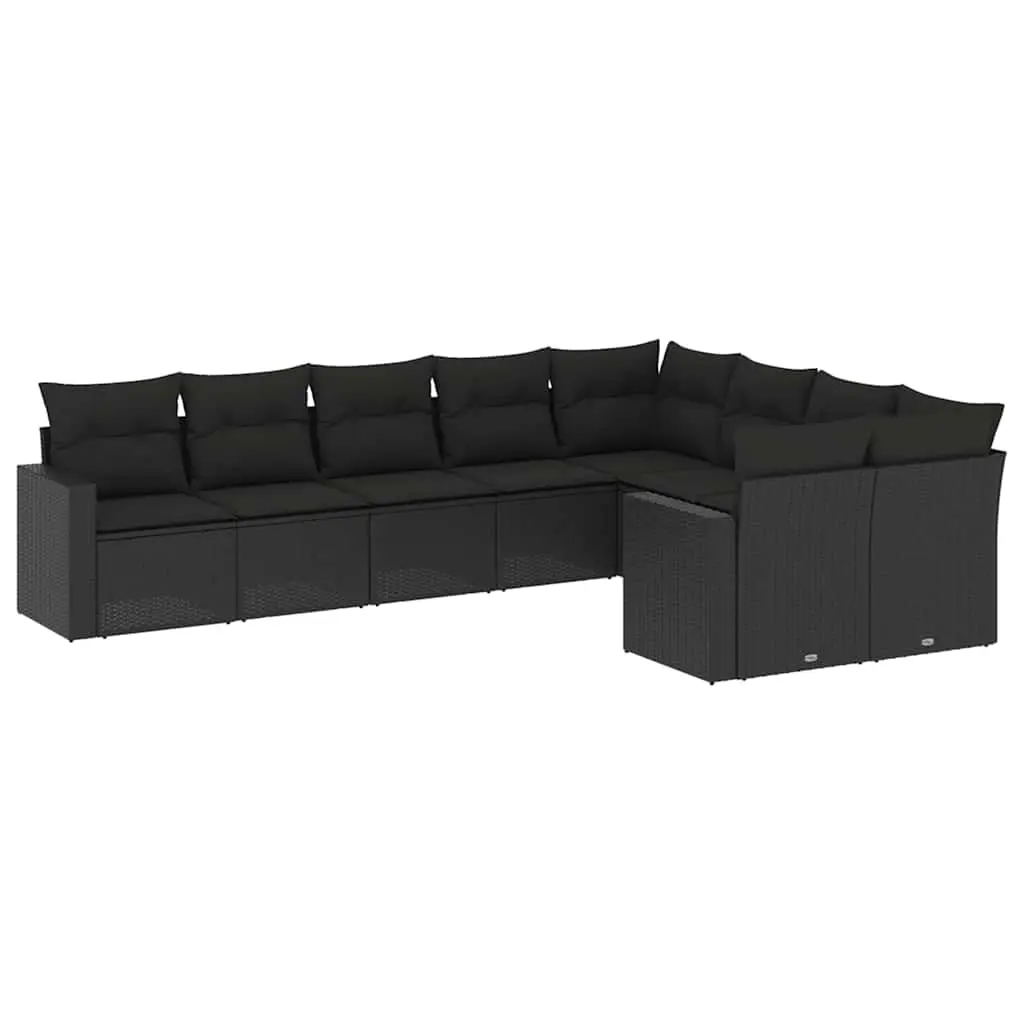 9 Piece Garden Sofa Set with Cushions Black Poly Rattan 3219425 - Furniture