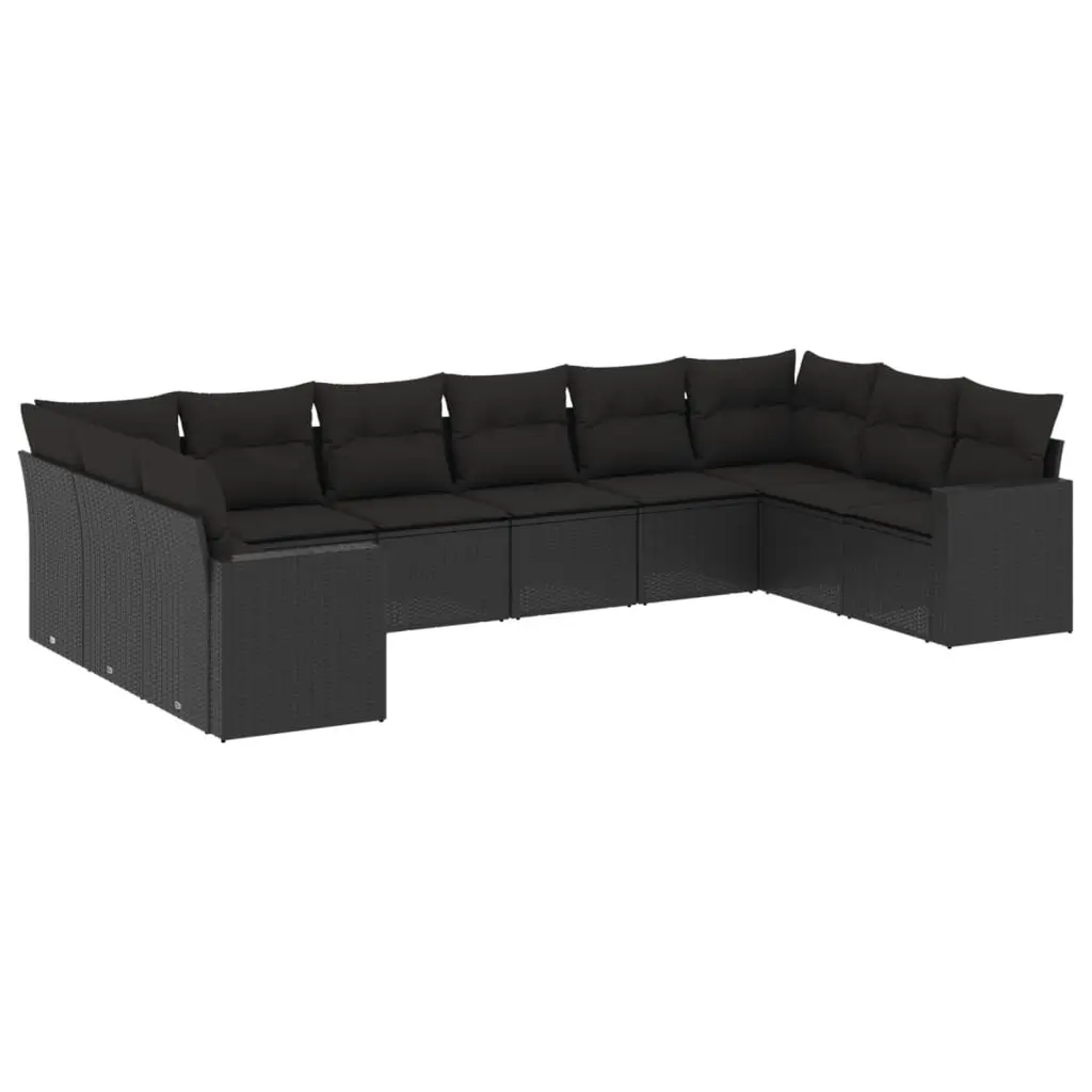 10 Piece Garden Sofa Set with Cushions Black Poly Rattan 3219455 - Furniture