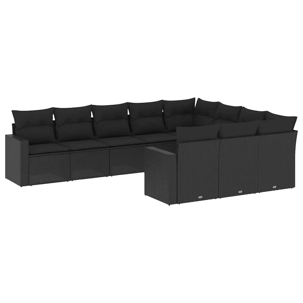 10 Piece Garden Sofa Set with Cushions Black Poly Rattan 3219475 - Furniture