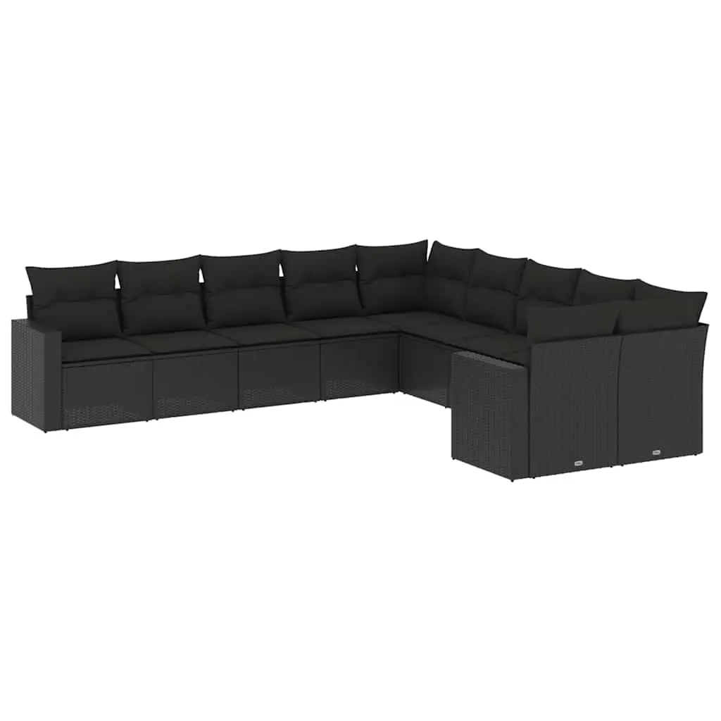 10 Piece Garden Sofa Set with Cushions Black Poly Rattan 3219495 - Furniture