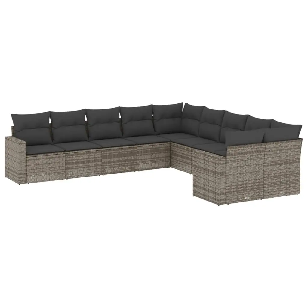 10 Piece Garden Sofa Set with Cushions Grey Poly Rattan 3219500 - Furniture