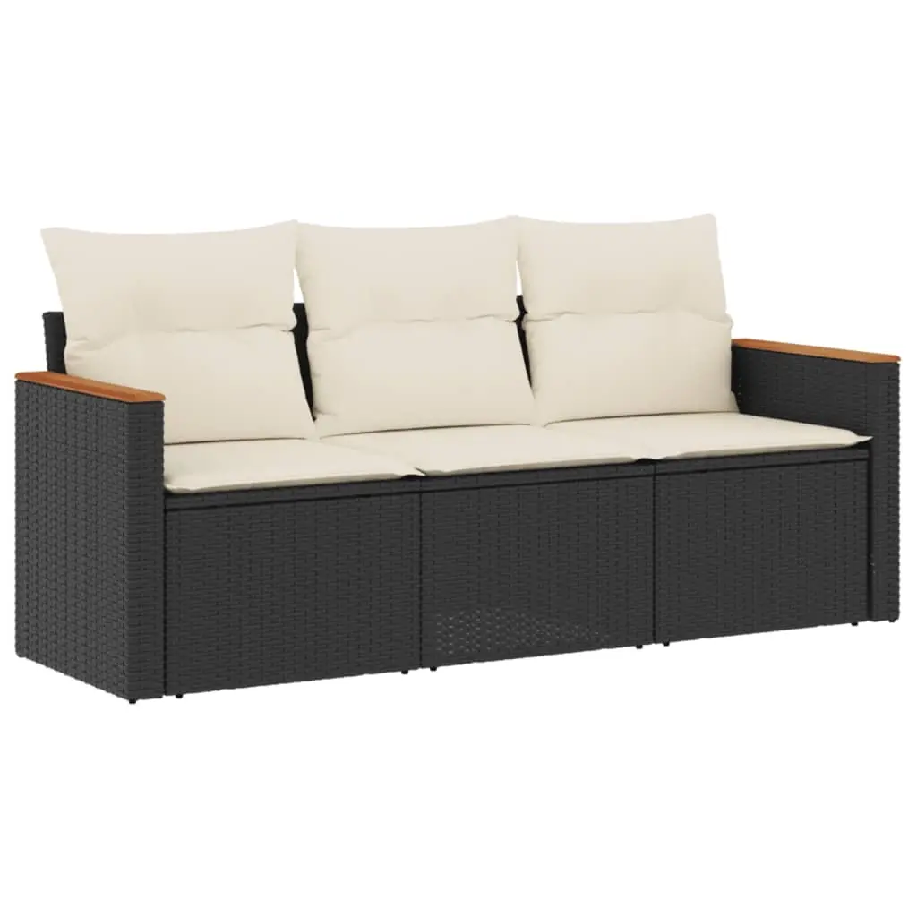 3 Piece Garden Sofa Set with Cushions Black Poly Rattan 3225755 - Furniture