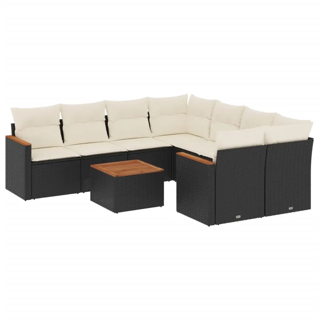 9 Piece Garden Sofa Set with Cushions Black Poly Rattan 3225825 - Furniture