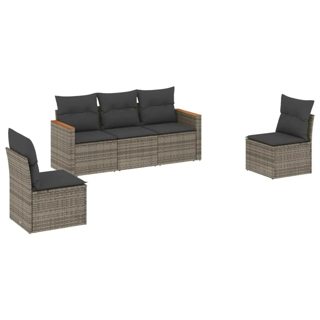 5 Piece Garden Sofa Set with Cushions Grey Poly Rattan 3225850 - Furniture
