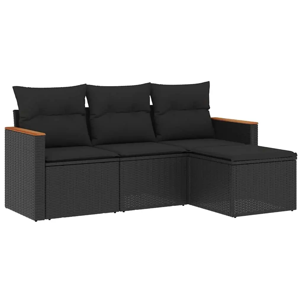 4 Piece Garden Sofa Set with Cushions Black Poly Rattan 3225901 - Furniture