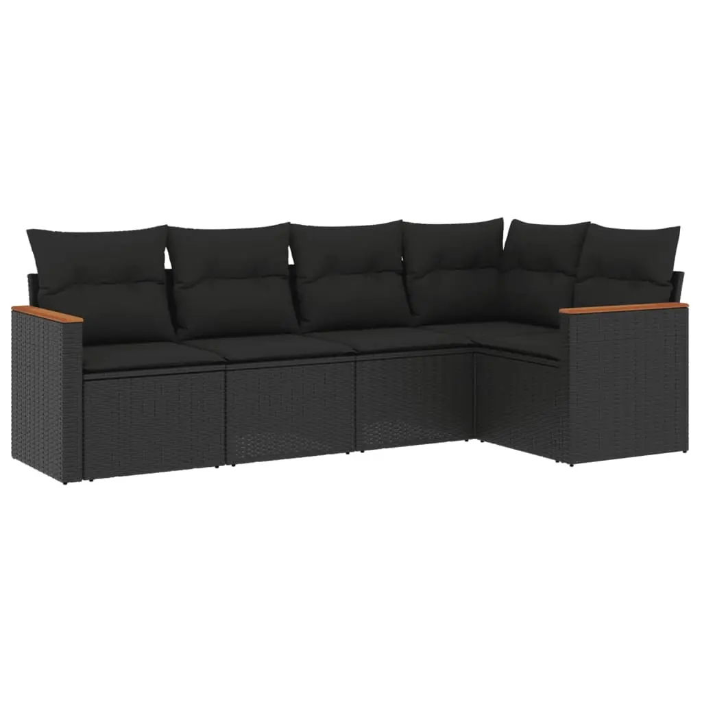 5 Piece Garden Sofa Set with Cushions Black Poly Rattan 3225943 - Furniture