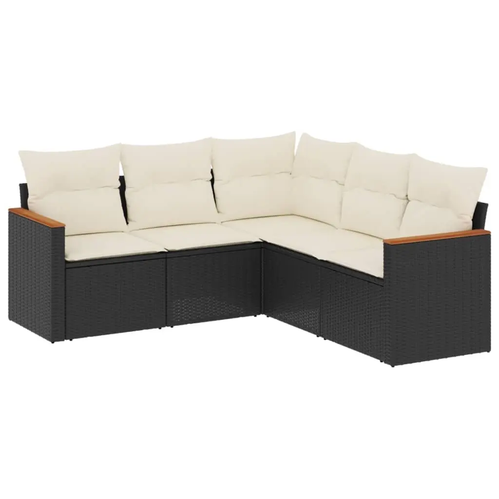 5 Piece Garden Sofa Set with Cushions Black Poly Rattan 3225958 - Furniture