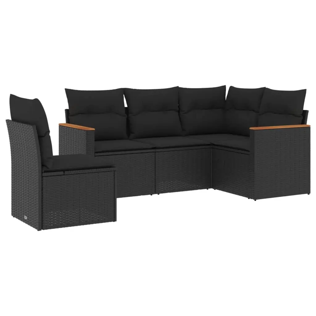 5 Piece Garden Sofa Set with Cushions Black Poly Rattan 3225971 - Furniture