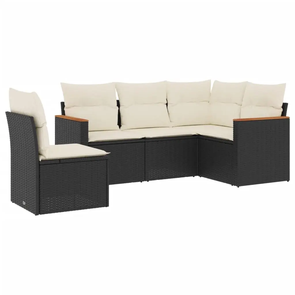 5 Piece Garden Sofa Set with Cushions Black Poly Rattan 3225972 - Furniture