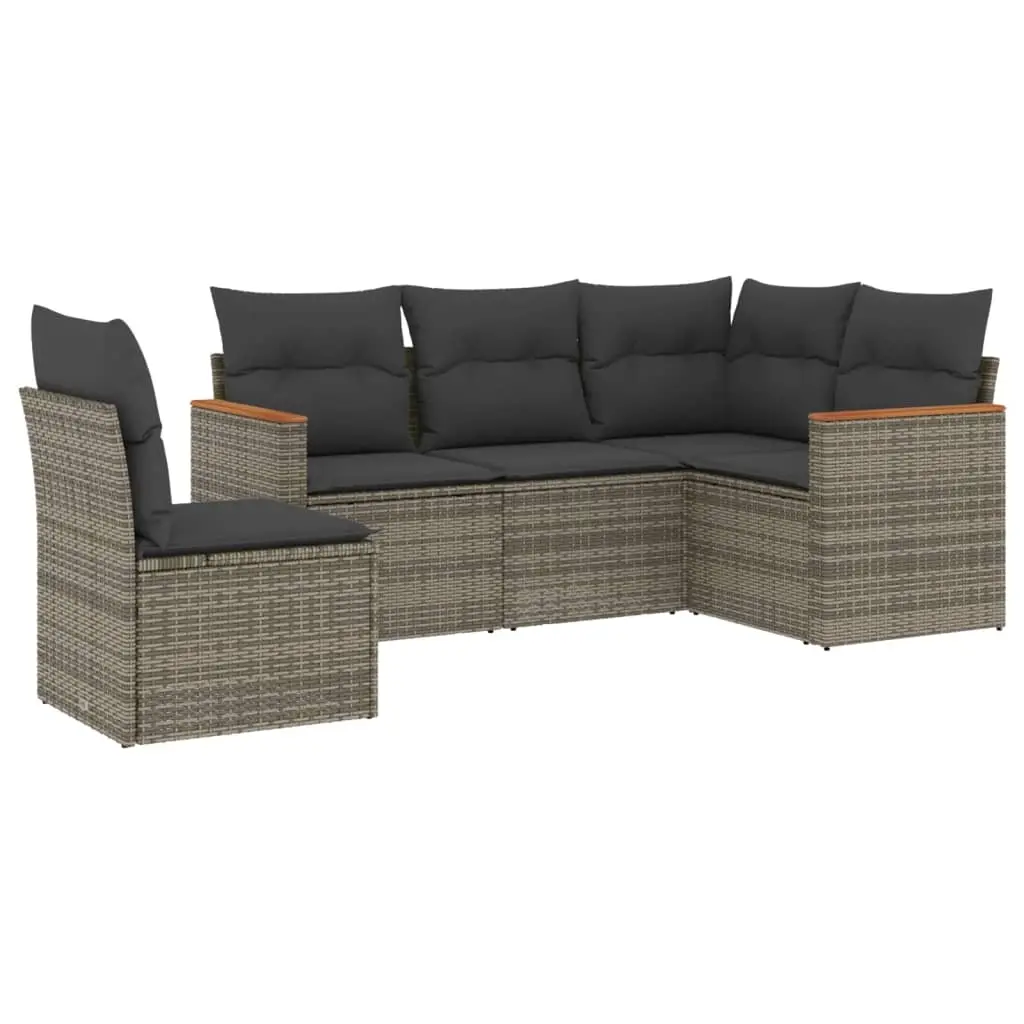 5 Piece Garden Sofa Set with Cushions Grey Poly Rattan 3225976 - Furniture