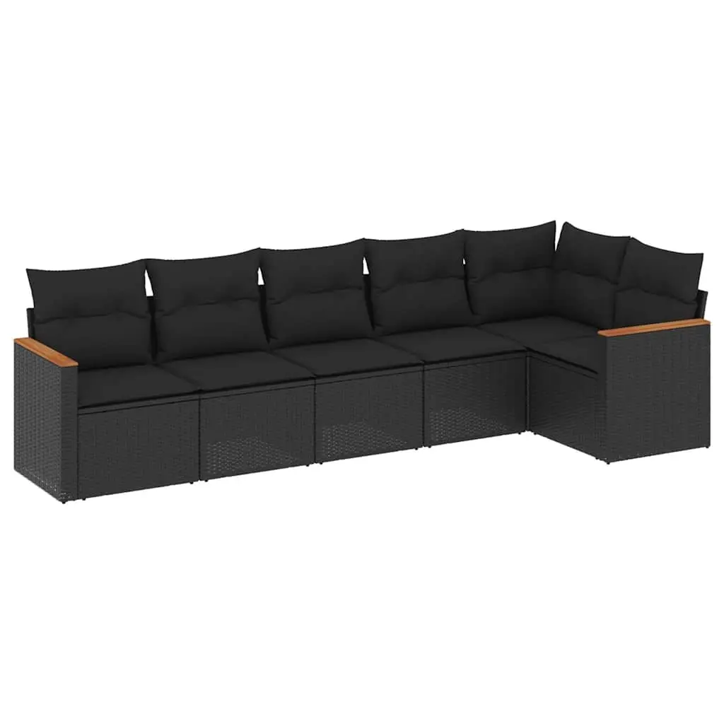 6 Piece Garden Sofa Set with Cushions Black Poly Rattan 3225985 - Furniture