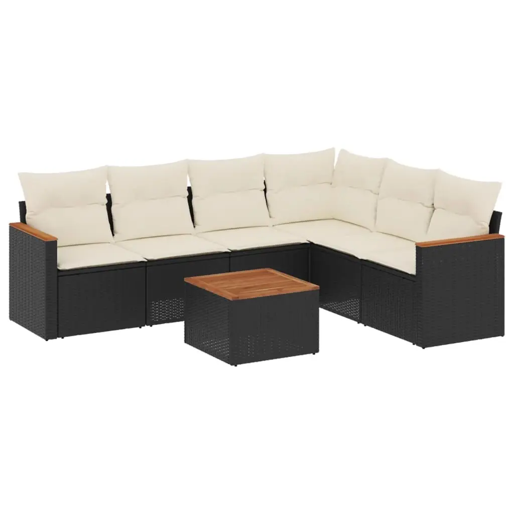 7 Piece Garden Sofa Set with Cushions Black Poly Rattan 3226007 - Furniture