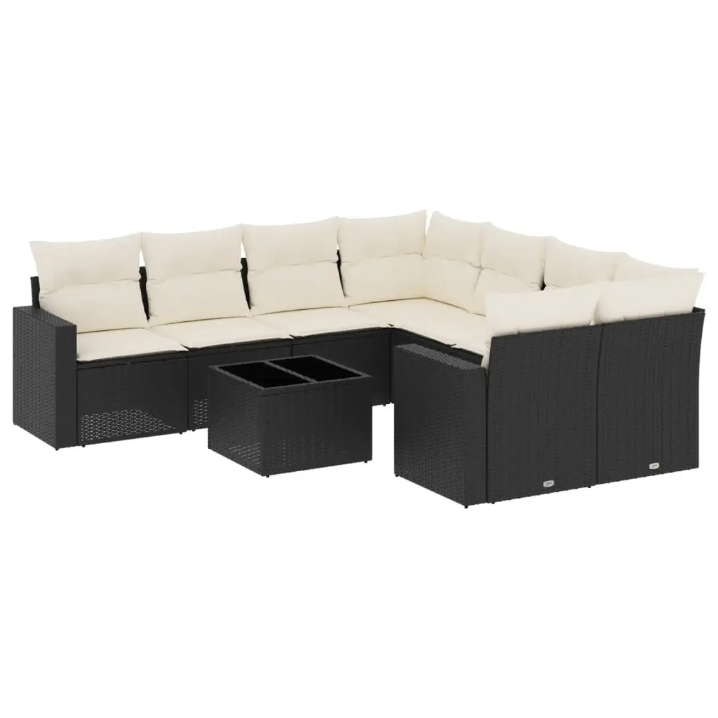 9 Piece Garden Sofa Set with Cushions Black Poly Rattan 3251093 - Furniture