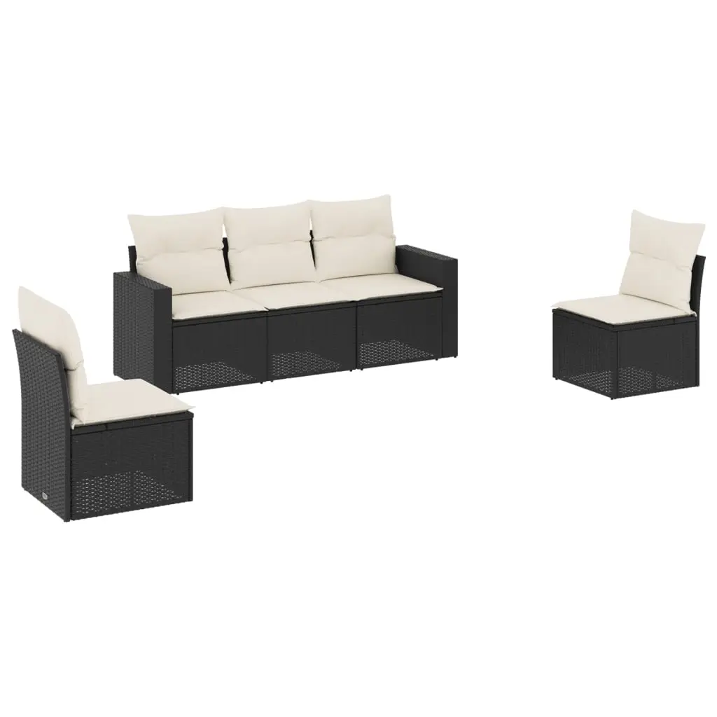 5 Piece Garden Sofa Set with Cushions Black Poly Rattan 3251123 - Furniture