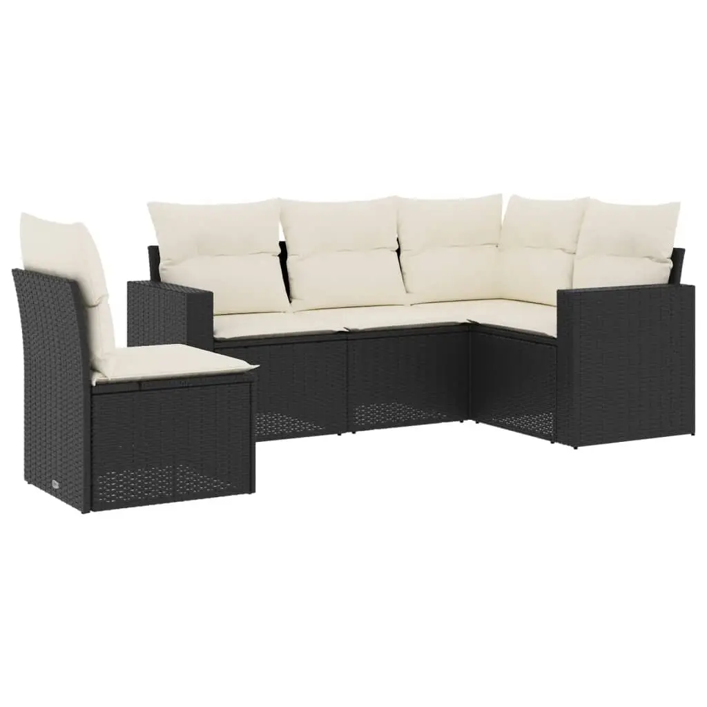 5 Piece Garden Sofa Set with Cushions Black Poly Rattan 3251303 - Furniture