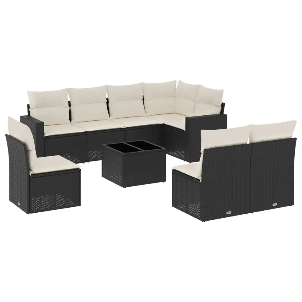 9 Piece Garden Sofa Set with Cushions Black Poly Rattan 3251413 - Furniture