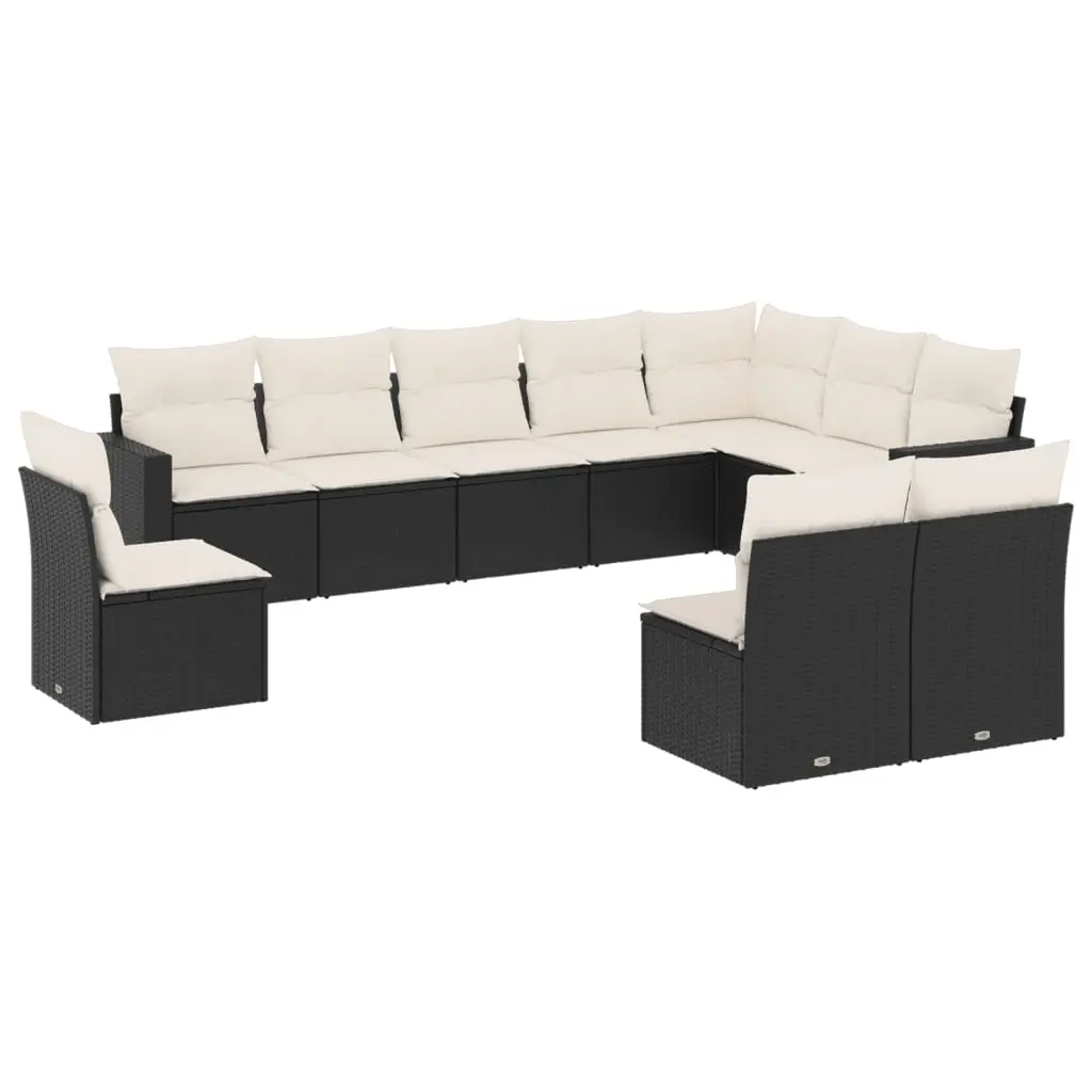 10 Piece Garden Sofa Set with Cushions Black Poly Rattan 3251443 - Furniture