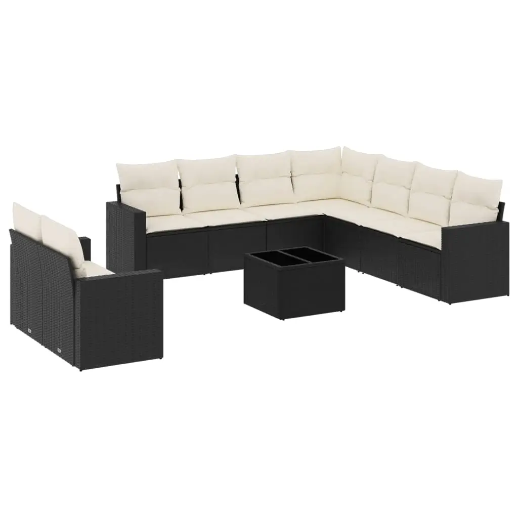 10 Piece Garden Sofa Set with Cushions Black Poly Rattan 3251493 - Furniture