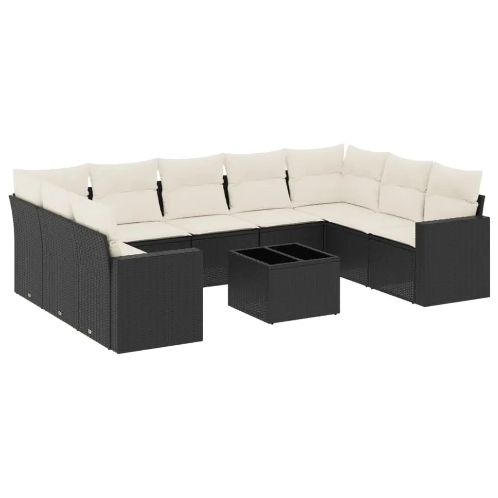 10 Piece Garden Sofa Set with Cushions Black Poly Rattan 3251743 - Furniture