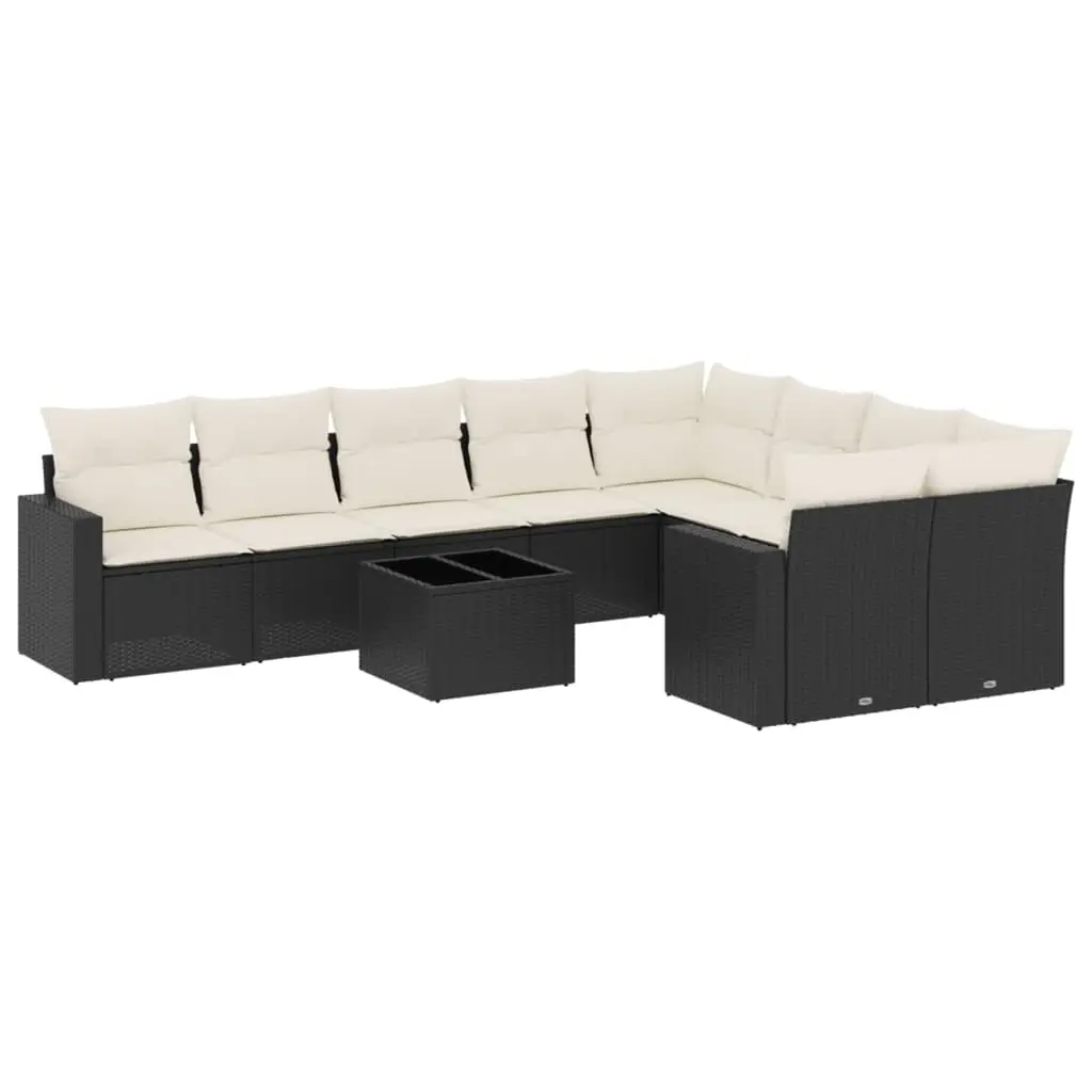 10 Piece Garden Sofa Set with Cushions Black Poly Rattan 3251783 - Furniture