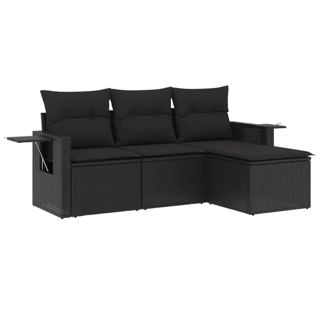 4 Piece Garden Sofa Set with Cushions Black Poly Rattan 3252402 - Furniture