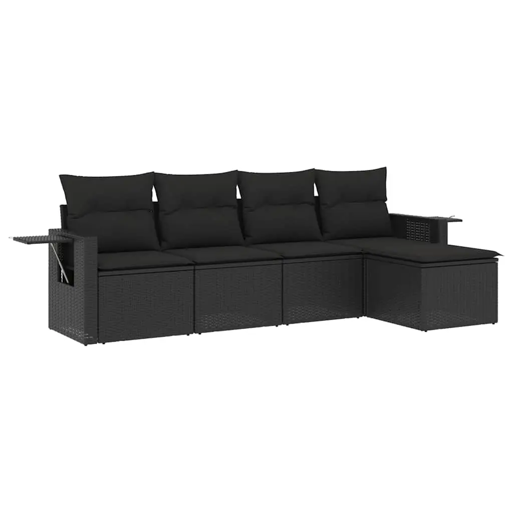5 Piece Garden Sofa Set with Cushions Black Poly Rattan 3252422 - Furniture