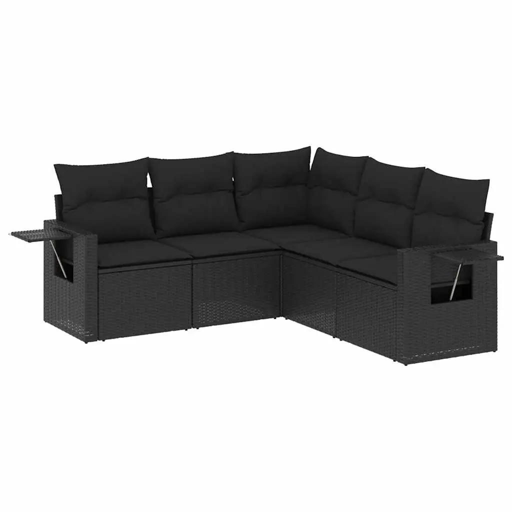 5 Piece Garden Sofa Set with Cushions Black Poly Rattan 3252482 - Furniture