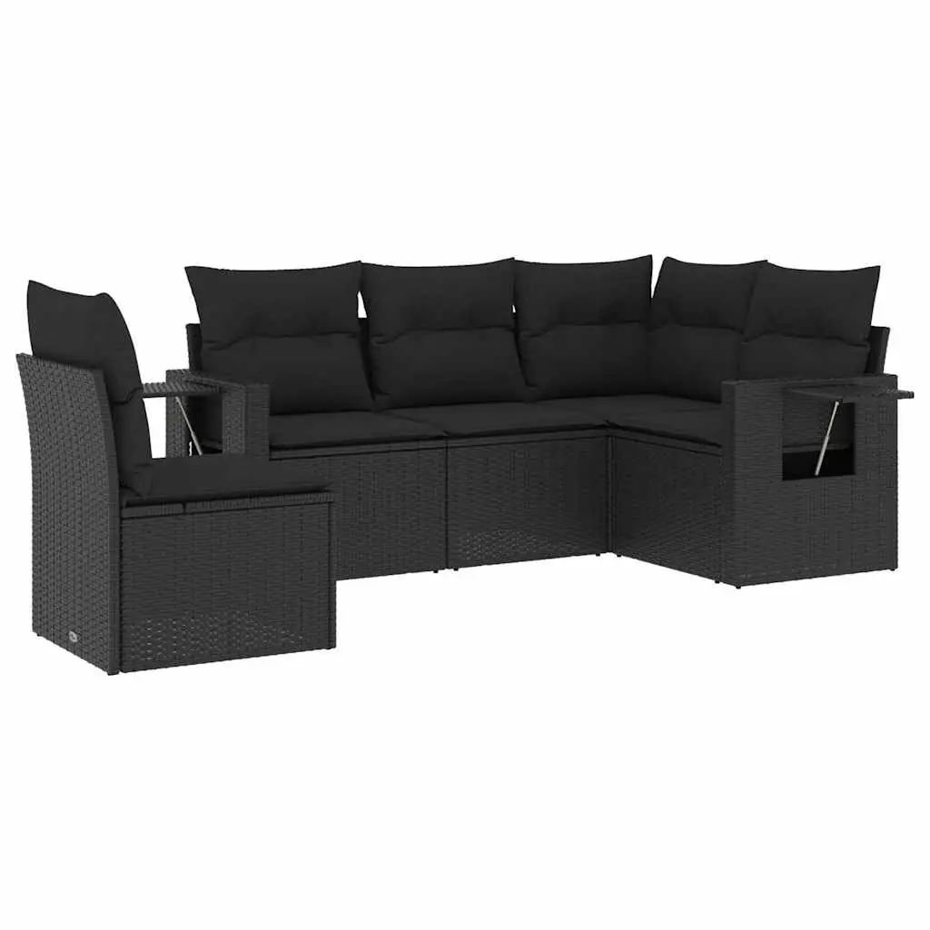 5 Piece Garden Sofa Set with Cushions Black Poly Rattan 3252502 - Furniture