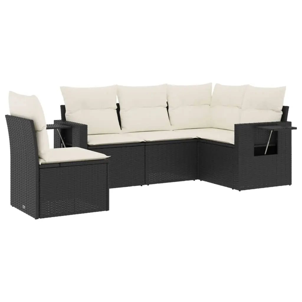 5 Piece Garden Sofa Set with Cushions Black Poly Rattan 3252503 - Furniture