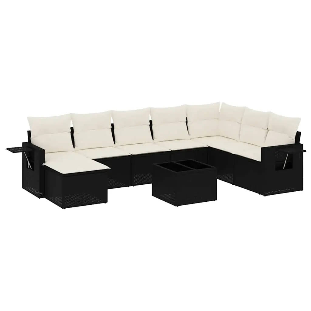 9 Piece Garden Sofa Set with Cushions Black Poly Rattan 3252903 - Furniture