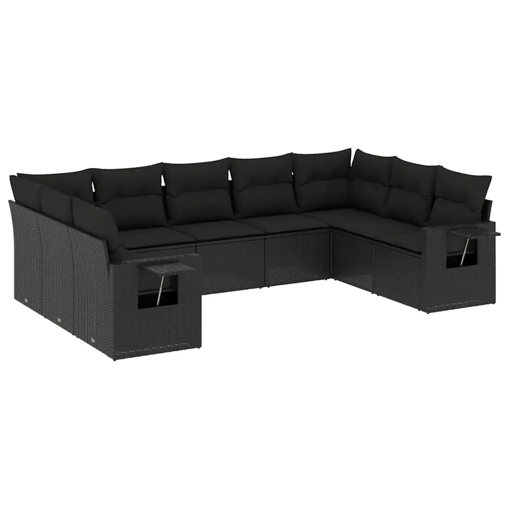 9 Piece Garden Sofa Set with Cushions Black Poly Rattan 3252932 - Furniture