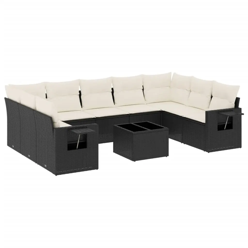 10 Piece Garden Sofa Set with Cushions Black Poly Rattan 3252943 - Furniture