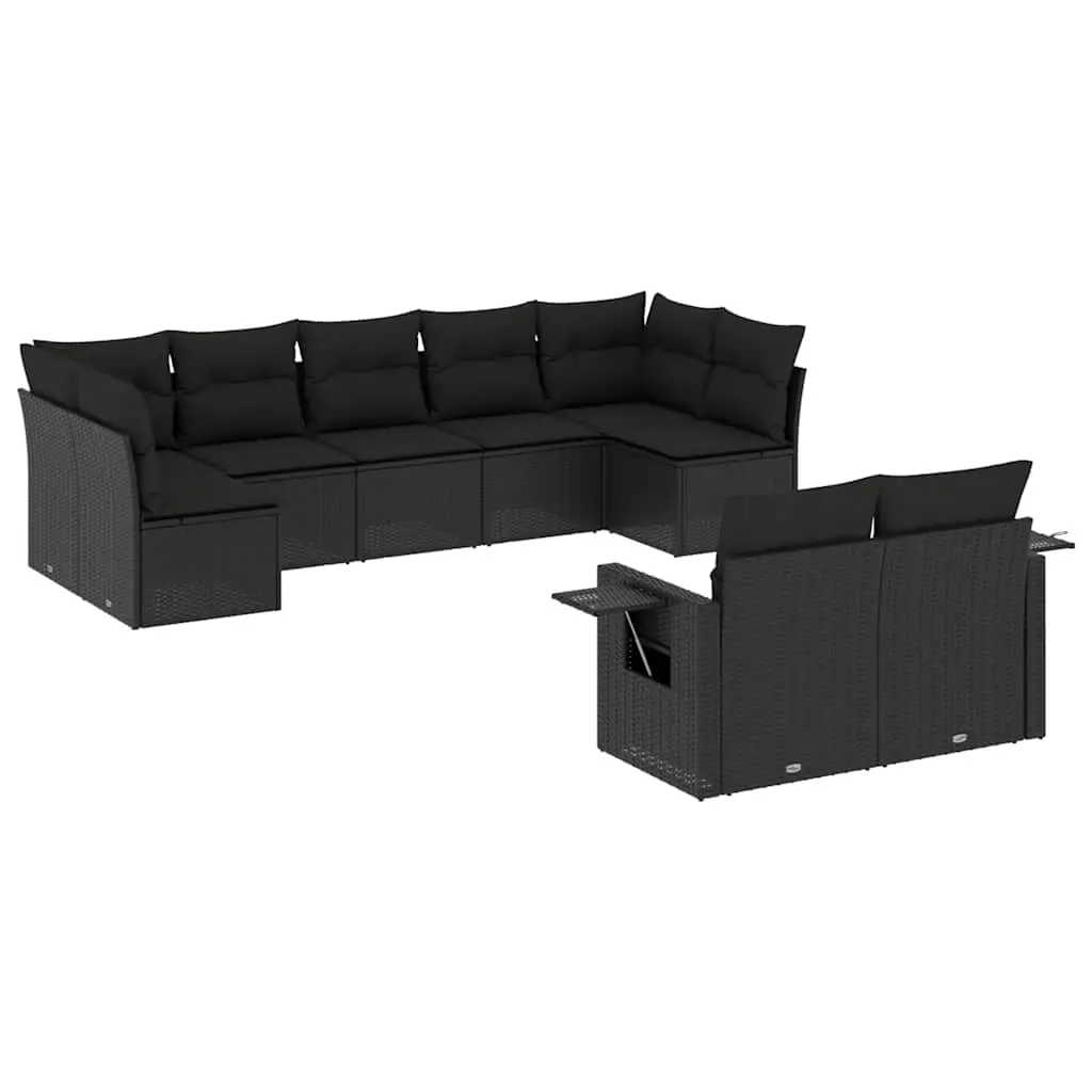 9 Piece Garden Sofa Set with Cushions Black Poly Rattan 3252952 - Furniture