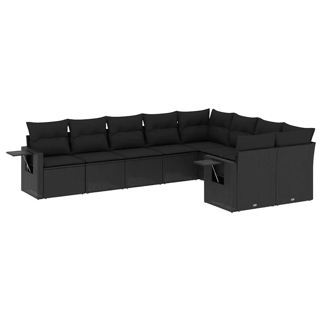 9 Piece Garden Sofa Set with Cushions Black Poly Rattan 3252972 - Furniture