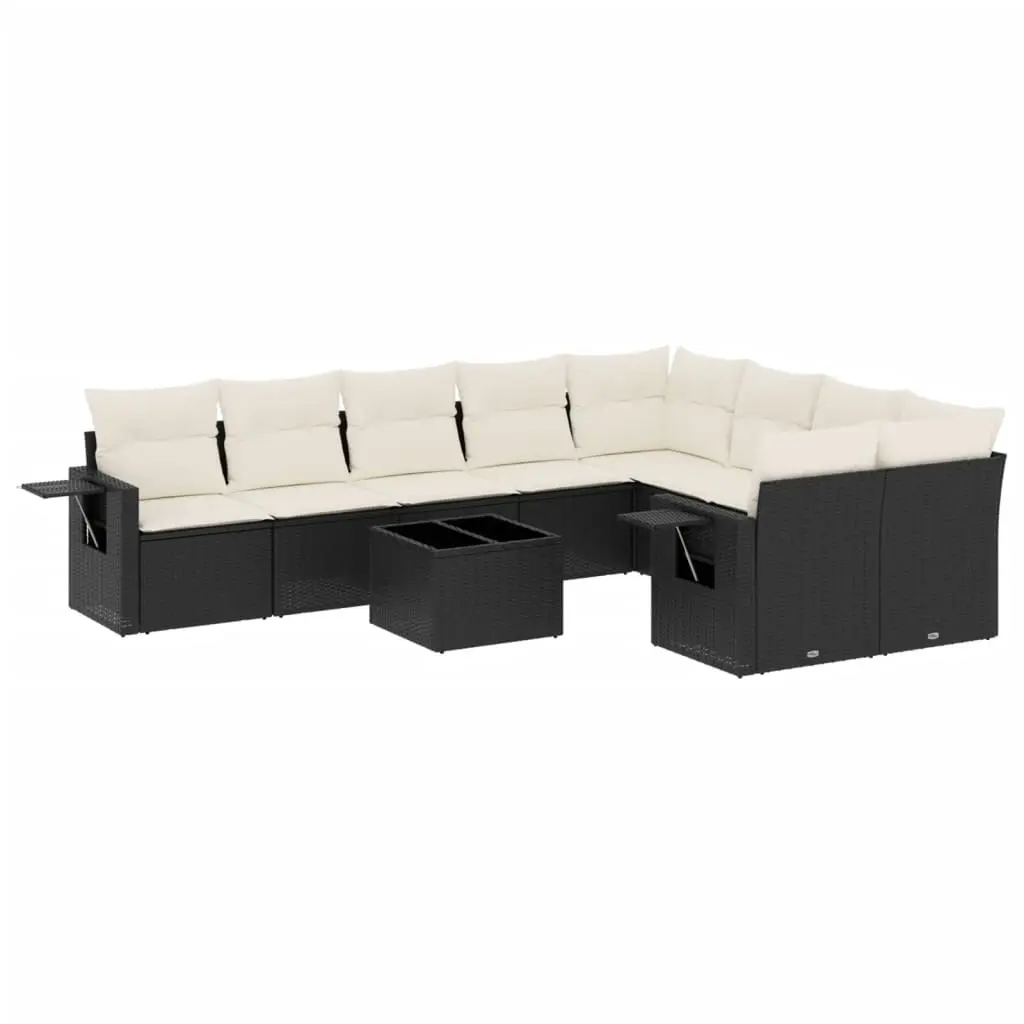10 Piece Garden Sofa Set with Cushions Black Poly Rattan 3252983 - Furniture