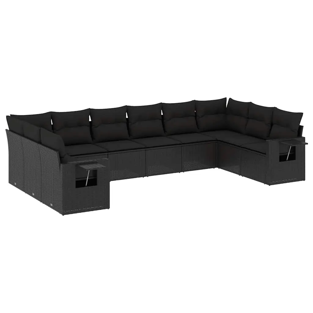 10 Piece Garden Sofa Set with Cushions Black Poly Rattan 3253002 - Furniture