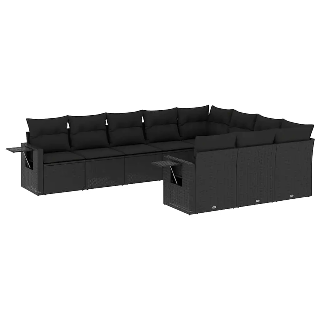 10 Piece Garden Sofa Set with Cushions Black Poly Rattan 3253022 - Furniture