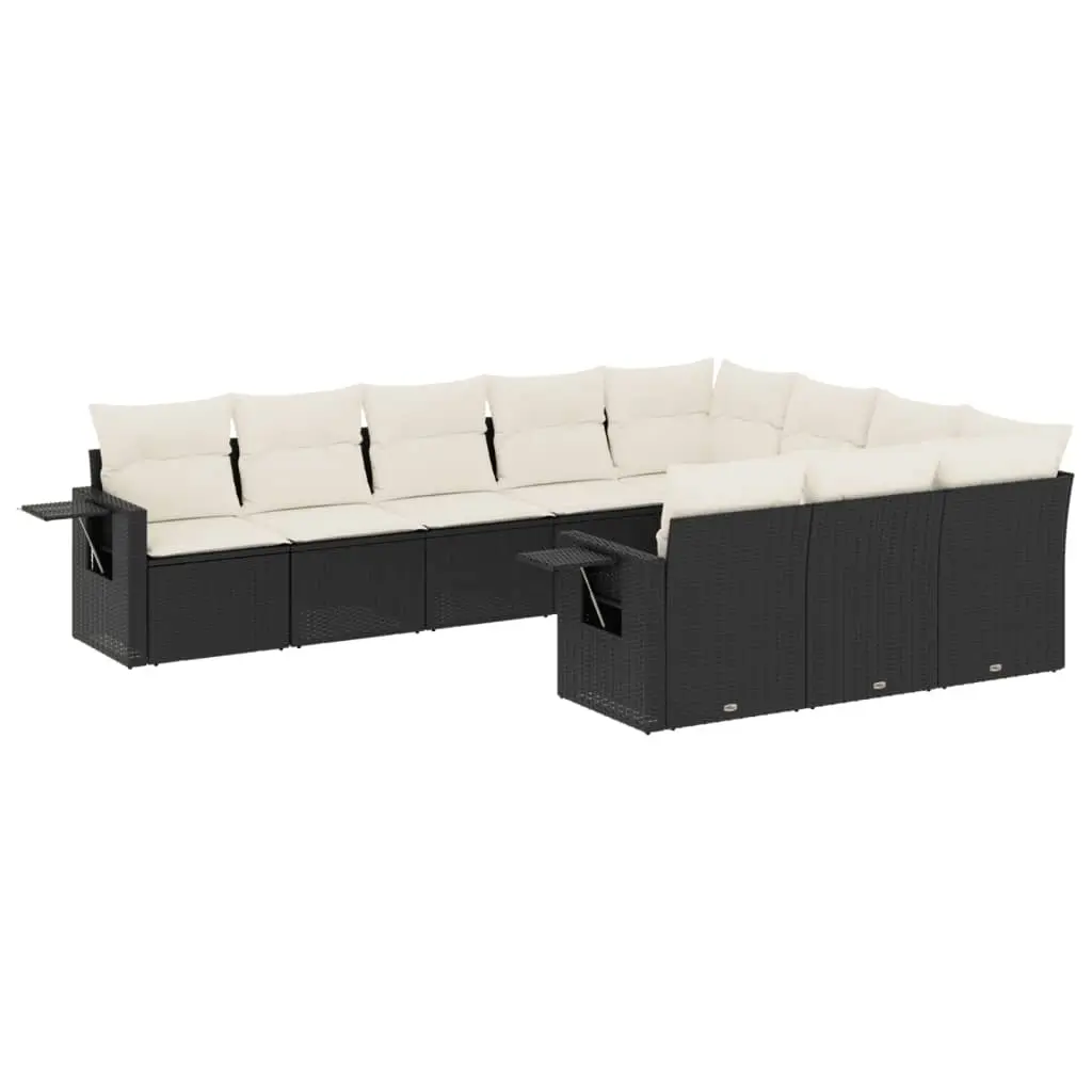 10 Piece Garden Sofa Set with Cushions Black Poly Rattan 3253023 - Furniture