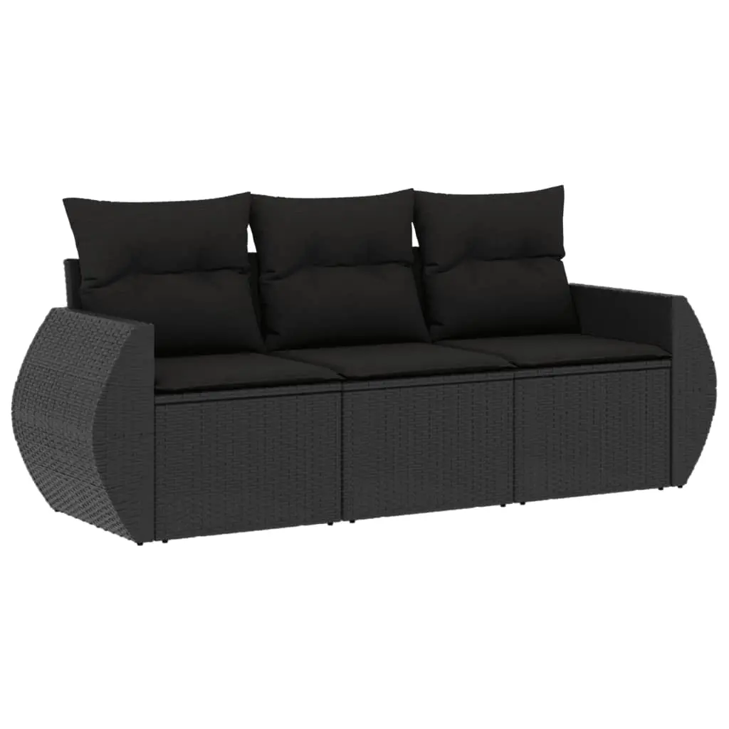 3 Piece Garden Sofa Set with Cushions Black Poly Rattan 3253392 - Furniture