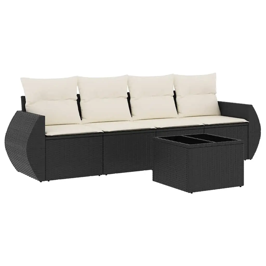5 Piece Garden Sofa Set with Cushions Black Poly Rattan 3253423 - Furniture