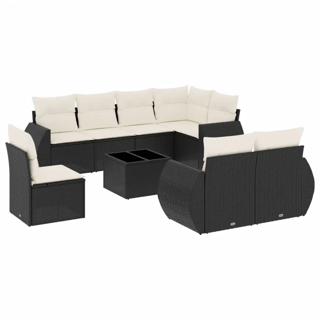 9 Piece Garden Sofa Set with Cushions Black Poly Rattan 3253983 - Furniture