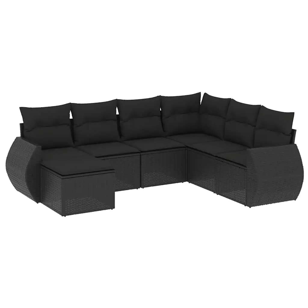 7 Piece Garden Sofa Set with Cushions Black Poly Rattan 3254032 - Furniture