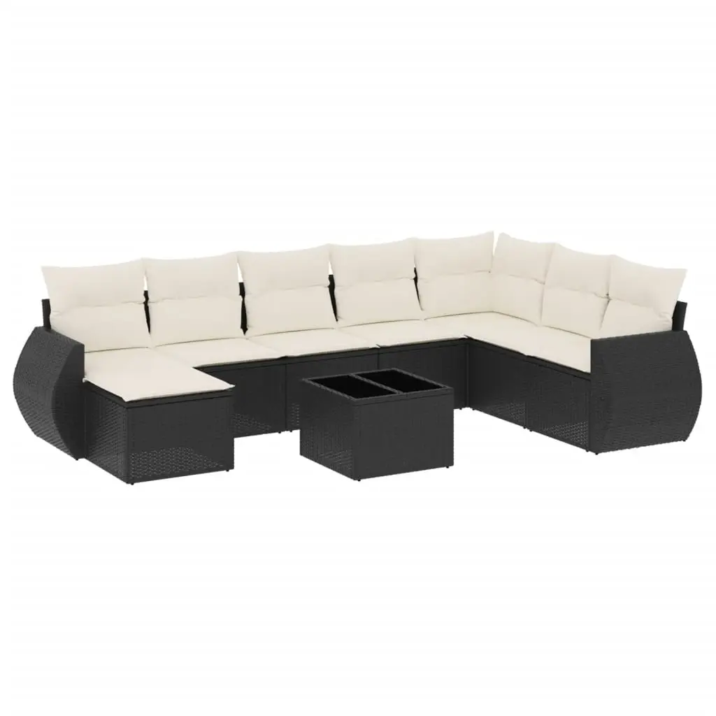 9 Piece Garden Sofa Set with Cushions Black Poly Rattan 3254103 - Furniture