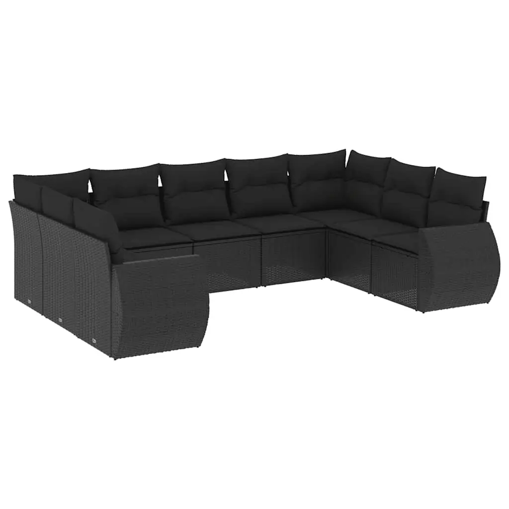 9 Piece Garden Sofa Set with Cushions Black Poly Rattan 3254132 - Furniture